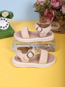 1 par de sandalias casuales para niñas con diseño tejido y suela gruesa y suave, adecuadas para niñas de 3 a 15 años, para uso en exteriores, escuela, hogar, playa, vacaciones