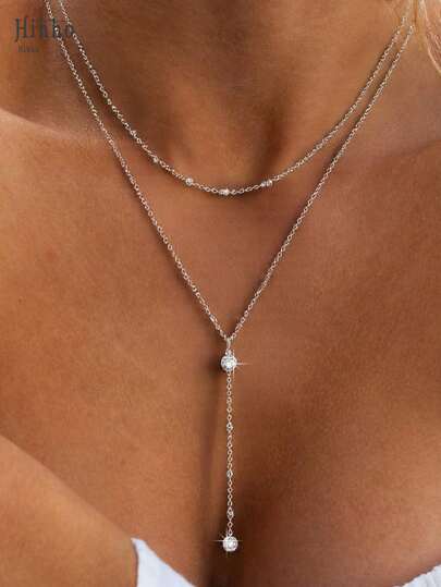 Hihho 1pc European & American Style Y-Shape Double Layer Zirconia Stone Long Tassel Necklace, Suitable For Sexy Women's Evening Dress Jewelry, Unique Choker Necklace