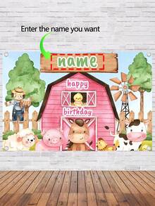 Customizable Personalized Farm Themed Birthday Backdrop Banner Pink Farm Animal Pattern Watercolor Name Banner 3 Size Options, Back To School, Aesthetic Party Decor - Multicolor - View 5
