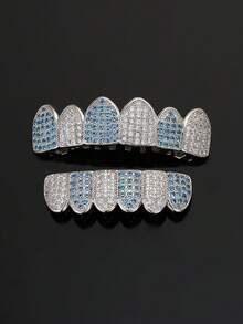 2pcs Copper Rhinestone Diamond Shape Grillz Set, Hiphop Style Plain 6-Teeth Grill Suitable For Men And Women, Daily Wear And Summer Gift - Multicolor - View 5