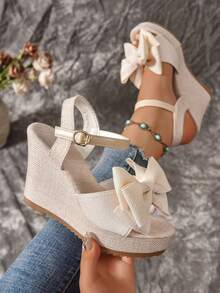 Women's Bow Decor Rope Sole Sandals, Vacation Style Pink Wedge Heel Sandals, Summer - Beige - View 1