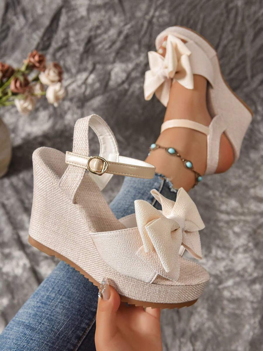 Women's Bow Decor Rope Sole Sandals, Vacation Style Pink Wedge Heel Sandals, Summer - Beige - View 1