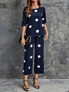 女士春夏休闲圆点印花圆领上衣和裤子两件套 - 藏蓝色 - 查看 2