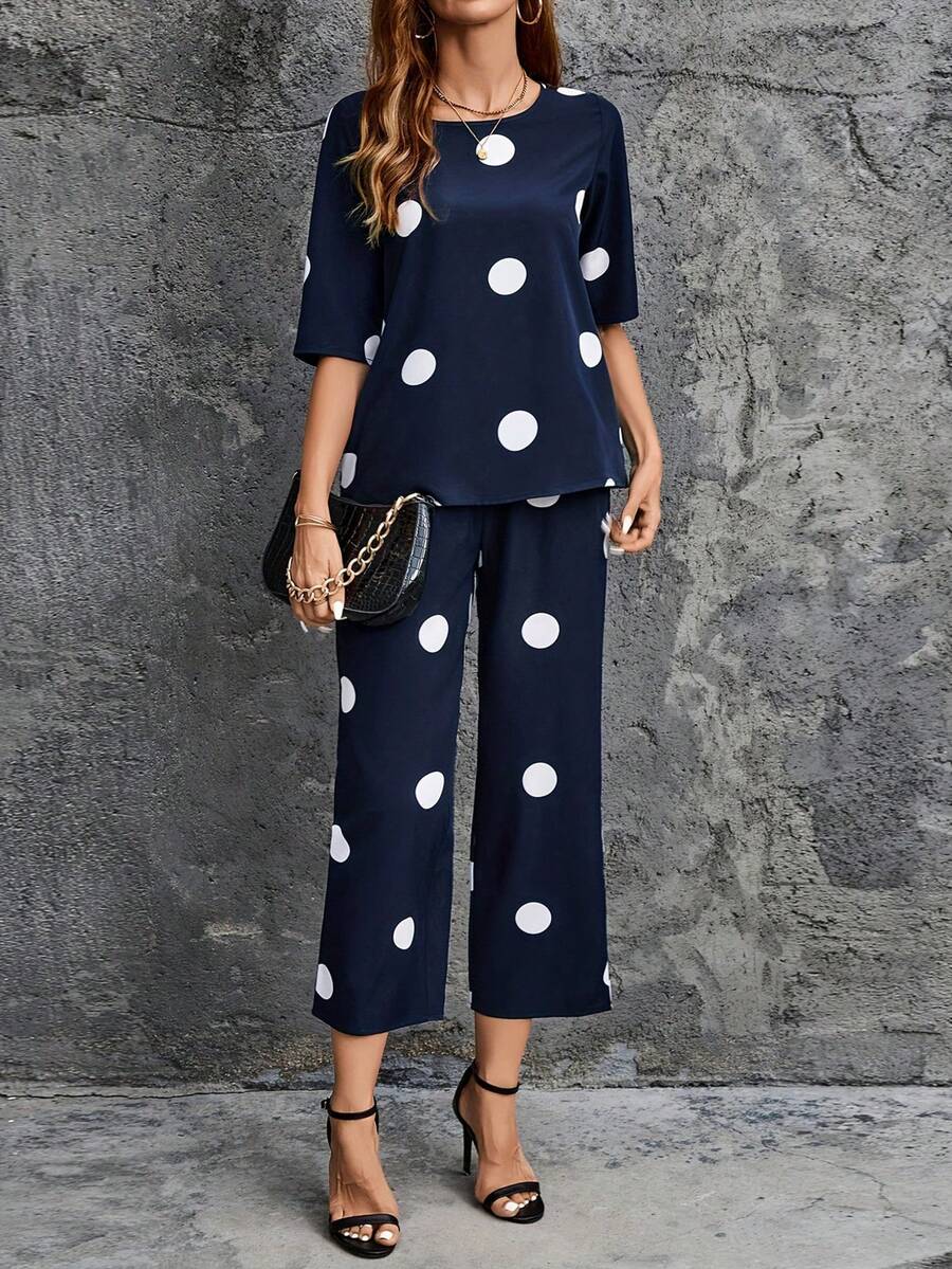 女士春夏休闲圆点印花圆领上衣和裤子两件套