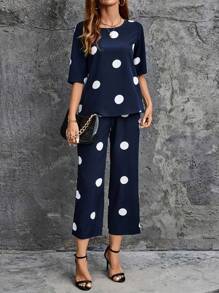 2pcs Casual Polka Dot Print Round Neck Top And Pants Set For Women, Spring/Summer