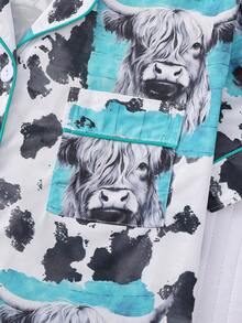2 Pieces Set Women Cow Print Pajamas, Featuring Collared Shirt Top And Elastic Waist Shorts, Beautiful And Fashionable Homewear, Sleepwear For Holidays, Parties, And Casual Wear - Màu xanh lam - Xem 5
