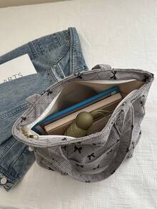 1 件简约时尚印花布质手提包拉链开口大容量单肩包适合女性日常休闲使用 - 灰色 - 查看 6