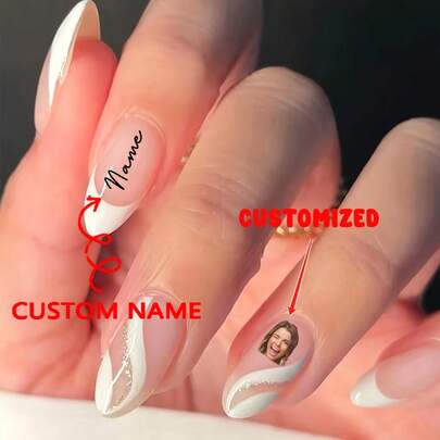 24pcs Medium Almond Shaped Custom Press On Nails With White Striped Pattern & Sparkling Rhinestones, Instantly Enhances Your Appearance, Manicure Set Perfect For Holidays, Parties, Dates, Everyday Use