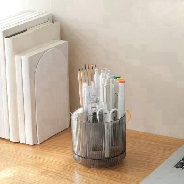 1 pieza Caja de almacenamiento transparente gris giratoria para maquillaje, organizador de bolígrafos de escritorio multifuncional, apto para oficina, un buen regalo para la familia