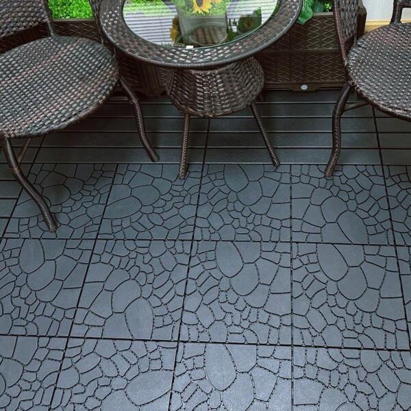Stone Texture 12" Patio Deck Tiles(44-Piece Set)-Dark Grey