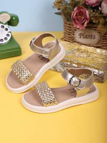 1 Pair Fashionable Casual Soft Platform Woven Design Girls Sandals, Suitable For Outdoor Walking, School, Home, Beach, Vacation For 3-15 Years Old Girls - Gold - View 4