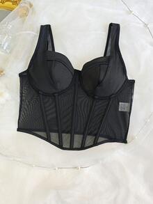 EZNV 1pc Mesh Sheer Sexy Halter Neck Backless Cropped Top With Underwire Support - Black - View 9