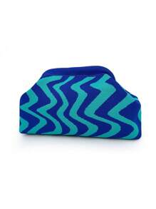 Bolso de embrague de punto a rayas y parches de moda, bolsa de maquillaje con estructura duradera y patrón ondulado de punto, bolsa de almacenamiento elegante para exteriores, bolsa de playa de vacaciones, bolsa de fiesta y noche, artículos de viaje portátiles de uso diario