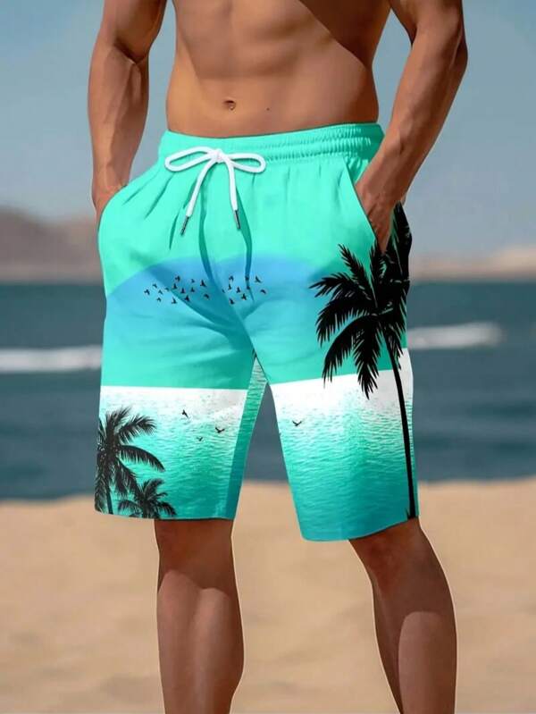 Big & Tall Men's 3D Digital Print Hawaiian Style Fashion Palm Tree Ombre Beach Shorts