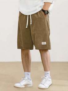 Men's Summer Soft Corduroy Drawstring Waist Casual Beach Shorts With Back Pockets - Brown - View 3