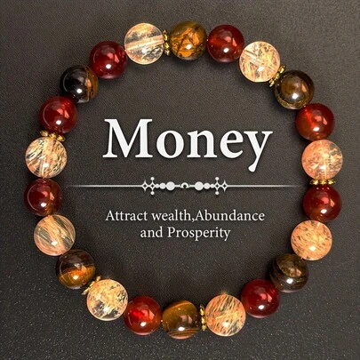 8毫米玛瑙珠手链 - 黄虎眼石、红玛瑙 - 天然石弹性串珠手链 - 招财进宝、带来繁荣富足