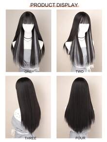 Synthetic Long Straight With Bangs Black & White Ombre Wig, Suitable For Women For Daily Use, Cosplay, Halloween, Christmas - 挑染白色 - 查看 7