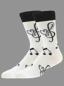 1 Pair Men's Multi-Color Musical Note Patterned Soft Comfortable Casual Mid-Calf Socks - Multicolor - View 1
