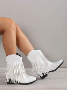 2025 Autumn/Winter New Pointy Toe Fringe Lace-Up Embroidery Western Boots, Outdoor Fashionable Slip-On Leather Boots