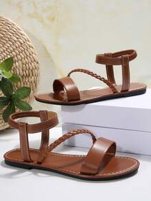 Stil european și american de mărime mare pentru femei, confortabile, cu bretele simple, cu flori mari, cu vârful pătrat, sandale plate, pantofi de vară pentru plajă. - Maro ruginiu - Vizualizare 5