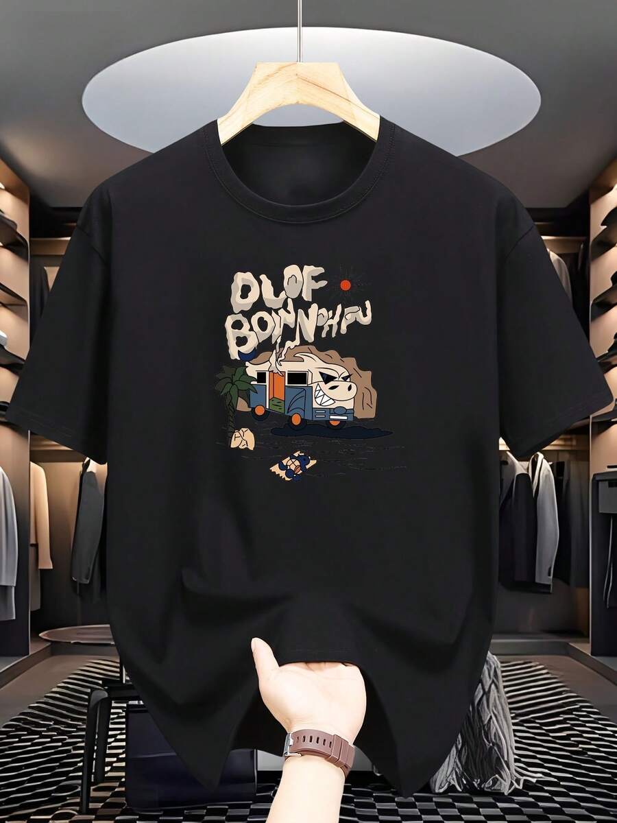 Must-Have! 100% Cotton Short-Sleeved T-Shirt For Men, 200g Heavyweight And Breathable Fabric, Fashionable Print, Very Casual, Comfortable - 黑色 - 查看 1