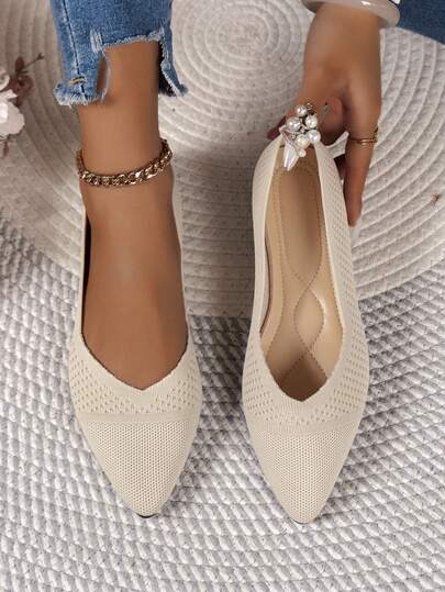 Damskie modne, szpiczaste, dzianinowe, płaskie buty, jednolity kolor, wsuwane, uniwersalne mokasyny