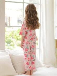 2 件套年轻女孩卡通印花短袖上衣和 3/4 裤睡衣套装，轻盈夏季 - 彩色 - 查看 2