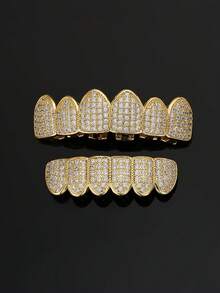 2pcs Copper Rhinestone Diamond Shape Grillz Set, Hiphop Style Plain 6-Teeth Grill Suitable For Men And Women, Daily Wear And Summer Gift - Multicolor - View 4