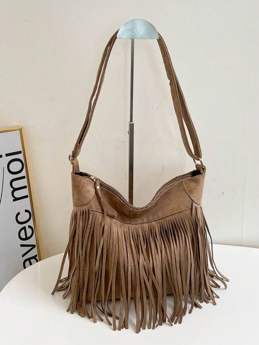 New Solid Color Fashionable Personalized Tassel Women's Handbag, Large Capacity Shoulder Diagonal Bucket Bag - Khaki - View 1