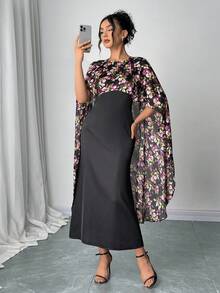 Women's Elegant Floral Print Dress With Cape Sleeve/Round Neck/A-Line Silhouette, Spring/Summer - Black - View 1