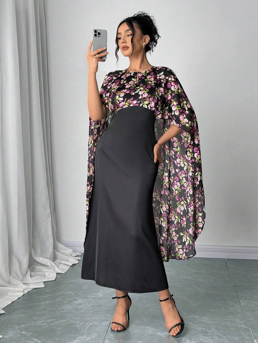 Women's Elegant Floral Print Dress With Cape Sleeve/Round Neck/A-Line Silhouette, Spring/Summer - Black - View 1