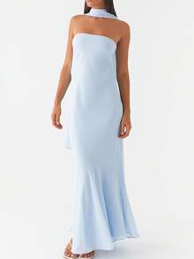 Womens Floral Strapless Dress With Scarf Y2k Backless Sleeveless Tube Maxi Long Dresses Sexy Mesh Bodycon Summer Beachwear - Solid Blue - 查看 1