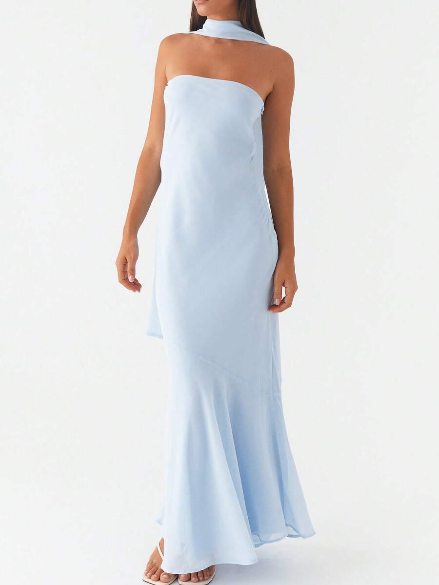 Womens Floral Strapless Dress With Scarf Y2k Backless Sleeveless Tube Maxi Long Dresses Sexy Mesh Bodycon Summer Beachwear - Solid Blue - 查看 1