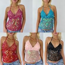Women's Sequins V-Neck Halter Vest TankTops Summer Sleeveless Backless Slim Fit Tie Up Tops - 玫紅色 - 查看 2