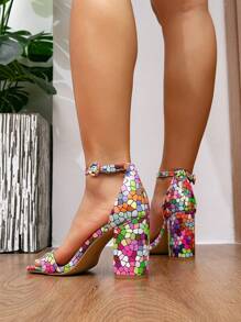 2025 New European & American Style Thick Heel Women's High Heel Sandals, Fashionable Sexy Square Toe Bridal Prom Party Show Model Performance Shoes, Colorful Plaid Versatile Slimming, Comfortable Summer Sandals