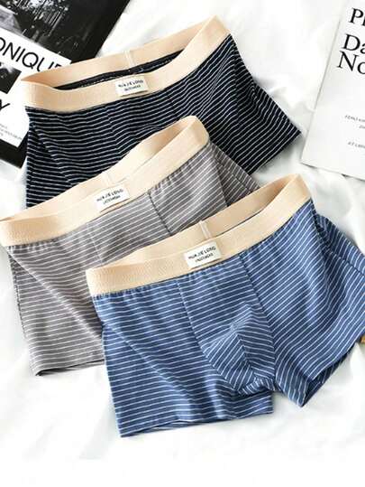 3 件装男士内裤双色条纹字母印花透气中腰平角内裤