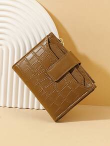 Stone Texture Short Women's Wallet, Dual-Layer 2-In-1 Crocodile Bifold Zipper Purse, Large Capacity Multi-Card Slots, PU Leather Ins Fashion Cross-Border Cardcase For Women Wallet Mini Wallet Purse Wallet Small Wallet - Brown - View 2