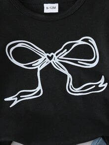 HAO6 可爱 2 件套新生女婴服装 - 黑色蝴蝶结装饰 T 恤和时尚牛仔裤，适合 0-3 岁宝宝，舒适穿着，适合夏季活动和假期 - 黑色 - 查看 4