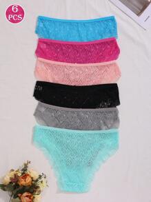 6pcs Solid Color Romantic-Style French Knit Fabric Bow Decor Breathable Lace Women's Panties