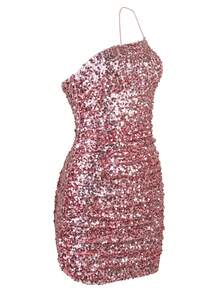 Women Sequin One Shoulder Mini Bodycon Dress In Hot Pink