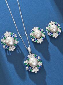 4 pièces Ensemble de bijoux en argent 925 avec perles et cubic zirconia, élégant et luxueux, comprenant un collier, une bague et des boucles d'oreilles. Convient pour le mariage (mariée/demoiselles d'honneur), l'anniversaire, les récompenses d'employés et le port quotidien