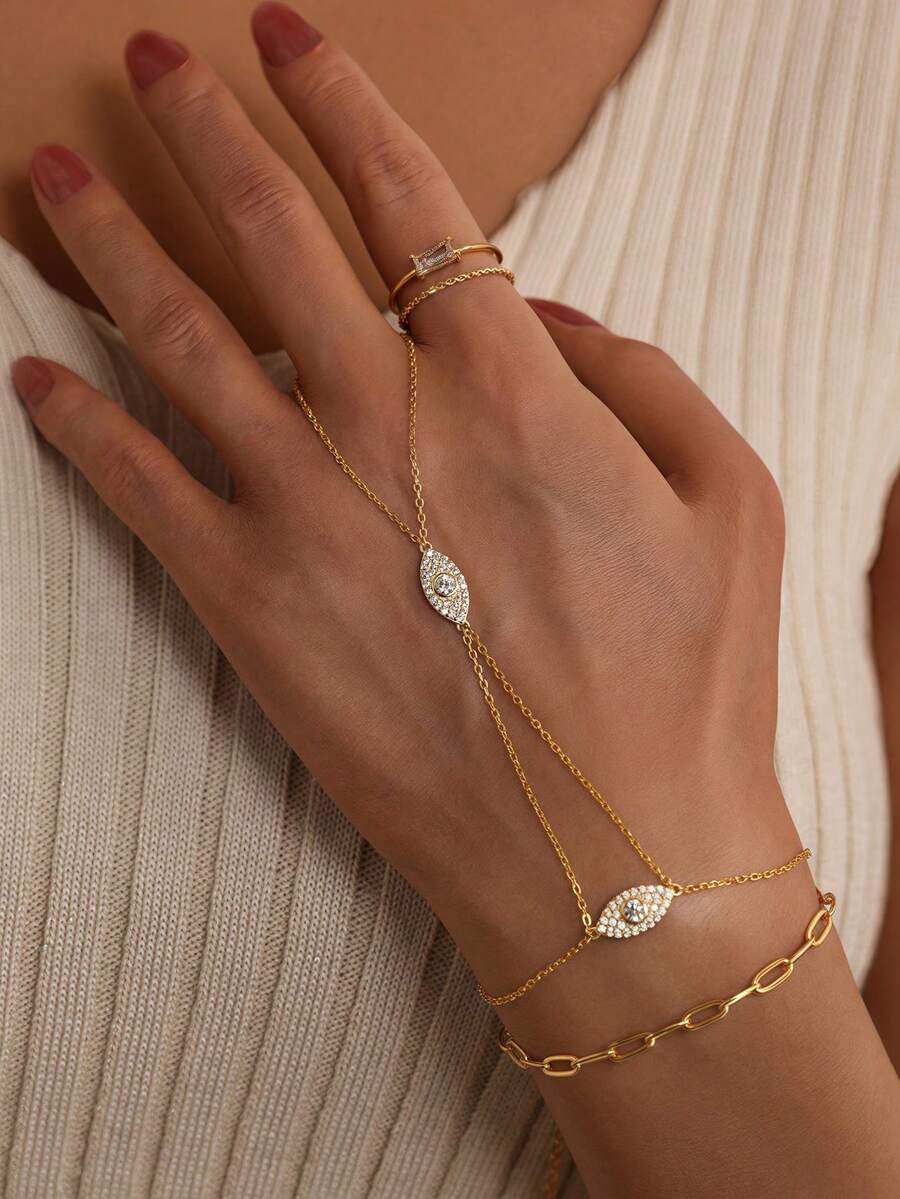 1pc S925 Sterling Silver Gold Plated Rhinestone Evil Eye Connect Finger Bracelet, Hypoallergenic Pure Silver, High-End Gold Plated Pure Silver Jewelry Bracelet, Suitable For Women's Daily Wear/Gift - Multicolor - View 1