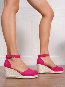 Women's Minimalist Ankle Strap Espadrilles, Vacation Faux Leather Metal Buckle Navy Suede Jute Rope Bottom, Blue Platform Wedge Heel Slip-On Loafers - Hot Pink - View 2