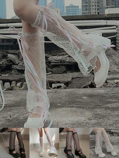 1 Pair Nature Style Bow Leg Warmers, Versatile Mid-Calf Leg Warmers, Mesh Leg Warmers