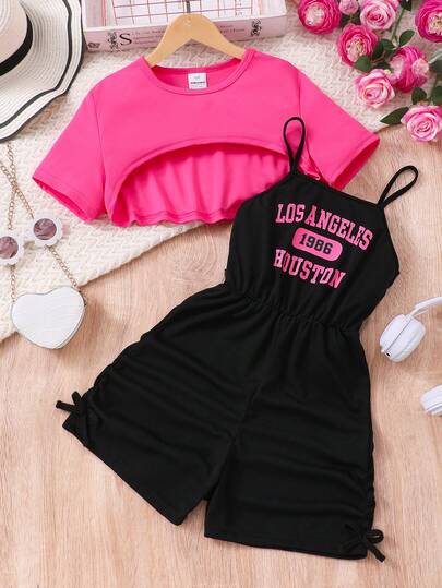 2pcs/Set Girls' Solid Color Short Sleeve Top + Letter Print Jumpsuit