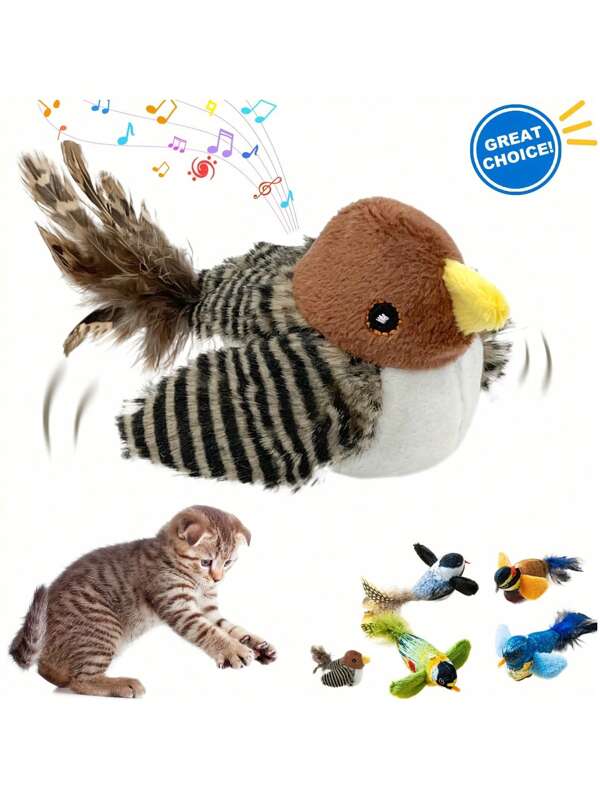 Brinquedo de pelúcia para animais de estimação com design de pássaro pardal, brinquedo de mastigar que faz barulho para gatos e cães, brinquedo interativo de simulação de pássaro com som, brinquedos interativos pendurados para gatos, brinquedos para gatos Migipaws, pássaro voador interativo e realista com catnip, penas penduradas por elástico, brinquedos automáticos para gatinhos que cantam para gatos de interior, brincadeira automática, cor aleatória