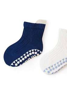 3 Pairs Toddler/Kids' Solid Color 100% Cotton Striped Crew Socks, Cute Daily Indoor Non-Slip Baby Socks - Multicolor - View 4