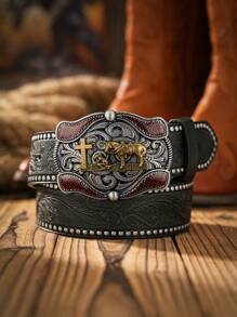 1 pieza Cinturón de estilo vaquero occidental bohemio unisex con hebilla con diseño de animal, marrón oscuro vintage, informal para todas las estaciones