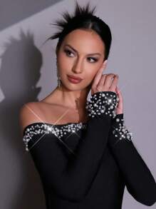 New Black Long Sleeved Off Shoulder Handmade Nail Bead Diamond Decoration Tight Fitting Slim Long Design Bandage Dress Elegant Wedding Bridesmaid Dress Guest Birthday Party Holiday Ball Ladies Formal Dinner Dress, Gown, For Evening