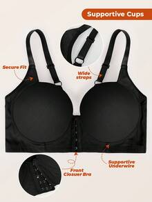 MIOTAN Plus Size Women Lace Front Closure Solid Color Fashion Supportive Underwire Bra - Black - View 5